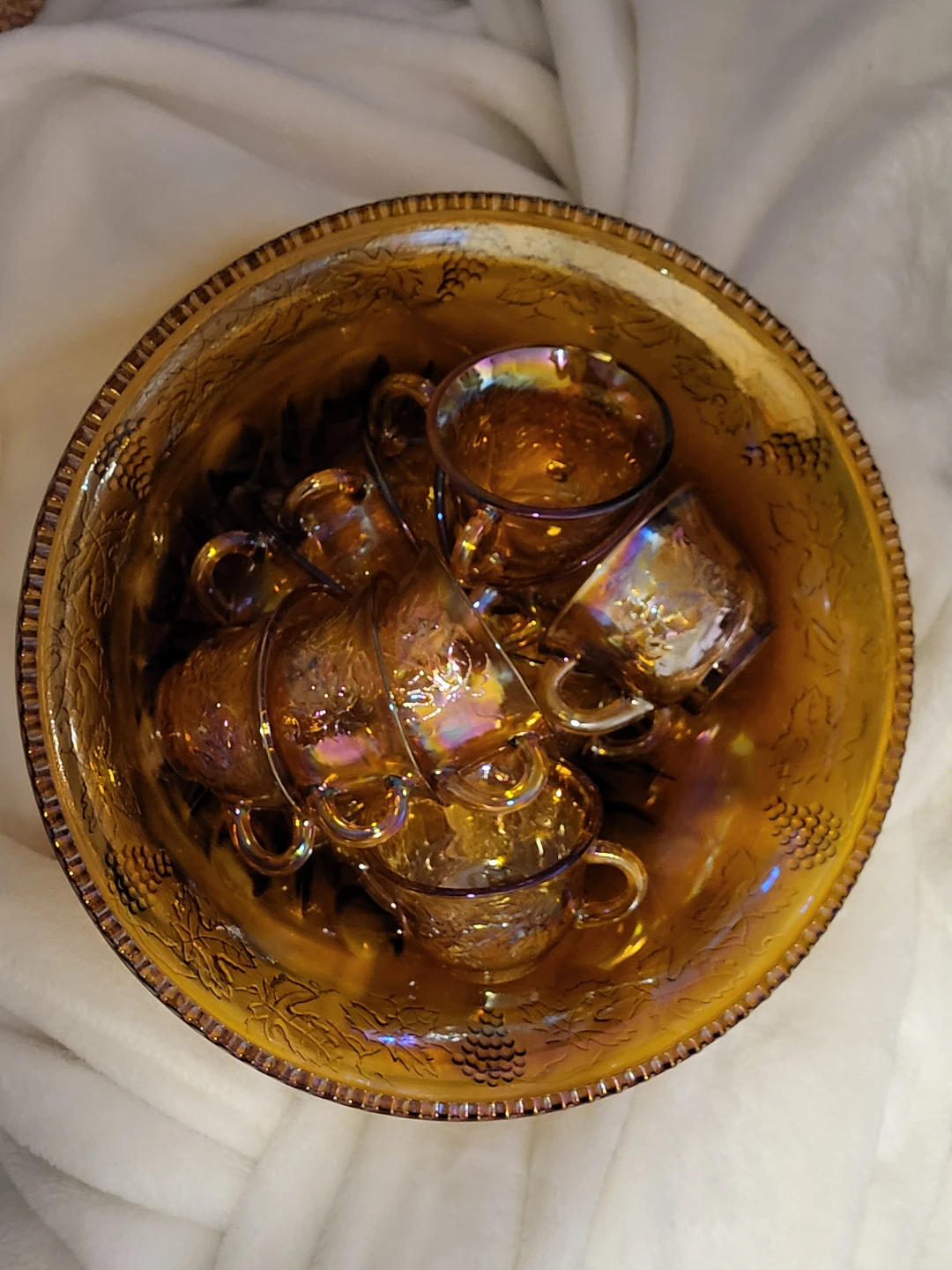 Orange Blossom/Amber Carnival Glass Punch Bowl with Mugs