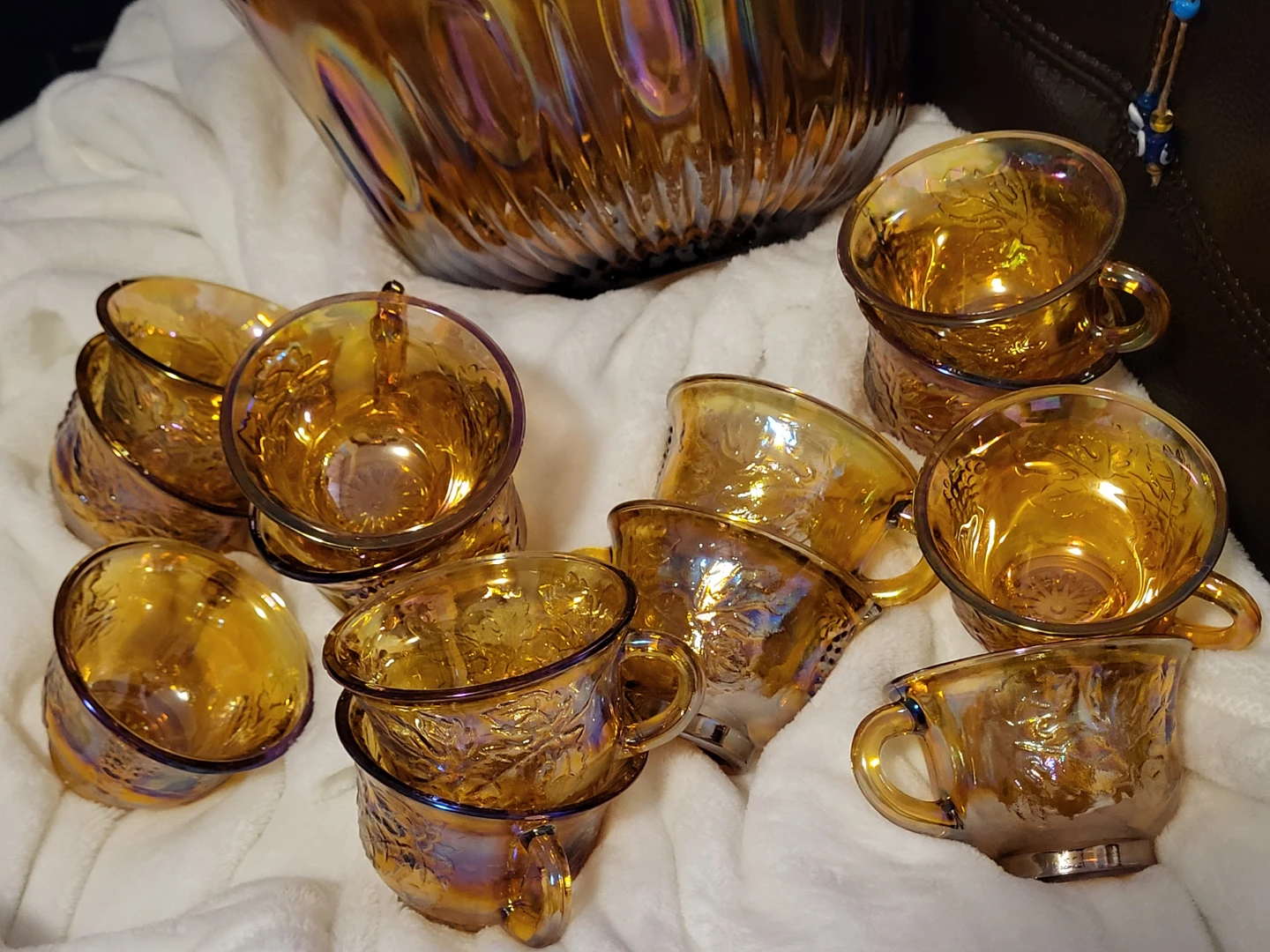 Orange Blossom/Amber Carnival Glass Punch Bowl with Mugs - photo 4