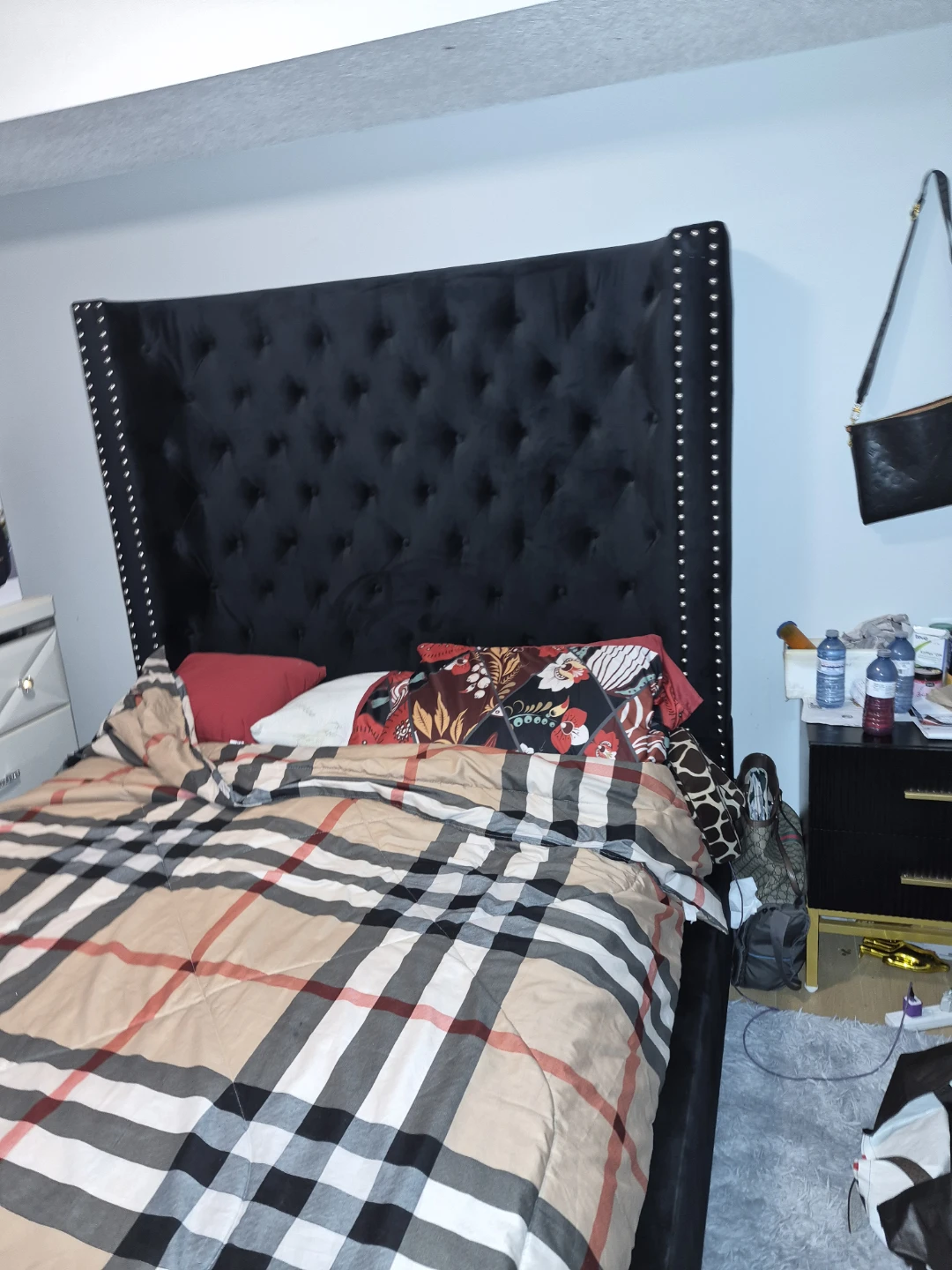 Black Upholstered Headboard with Studs - photo 5