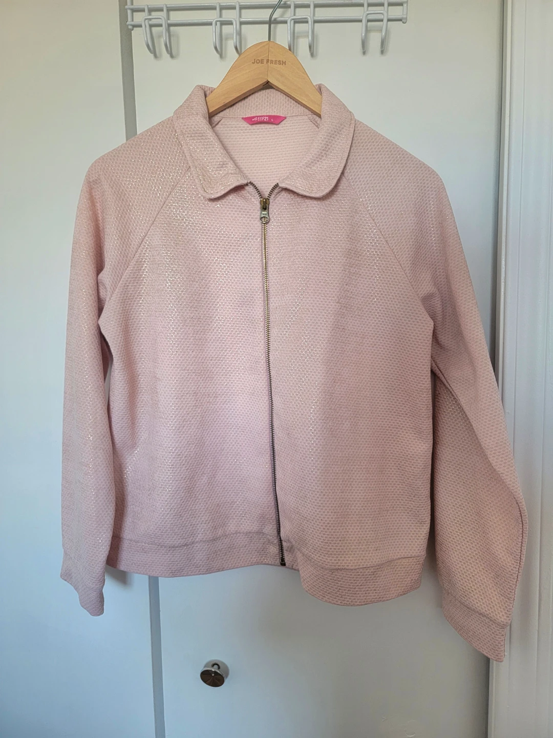 Pink Textured Zip-Up Jacket with Sparkle - Size L