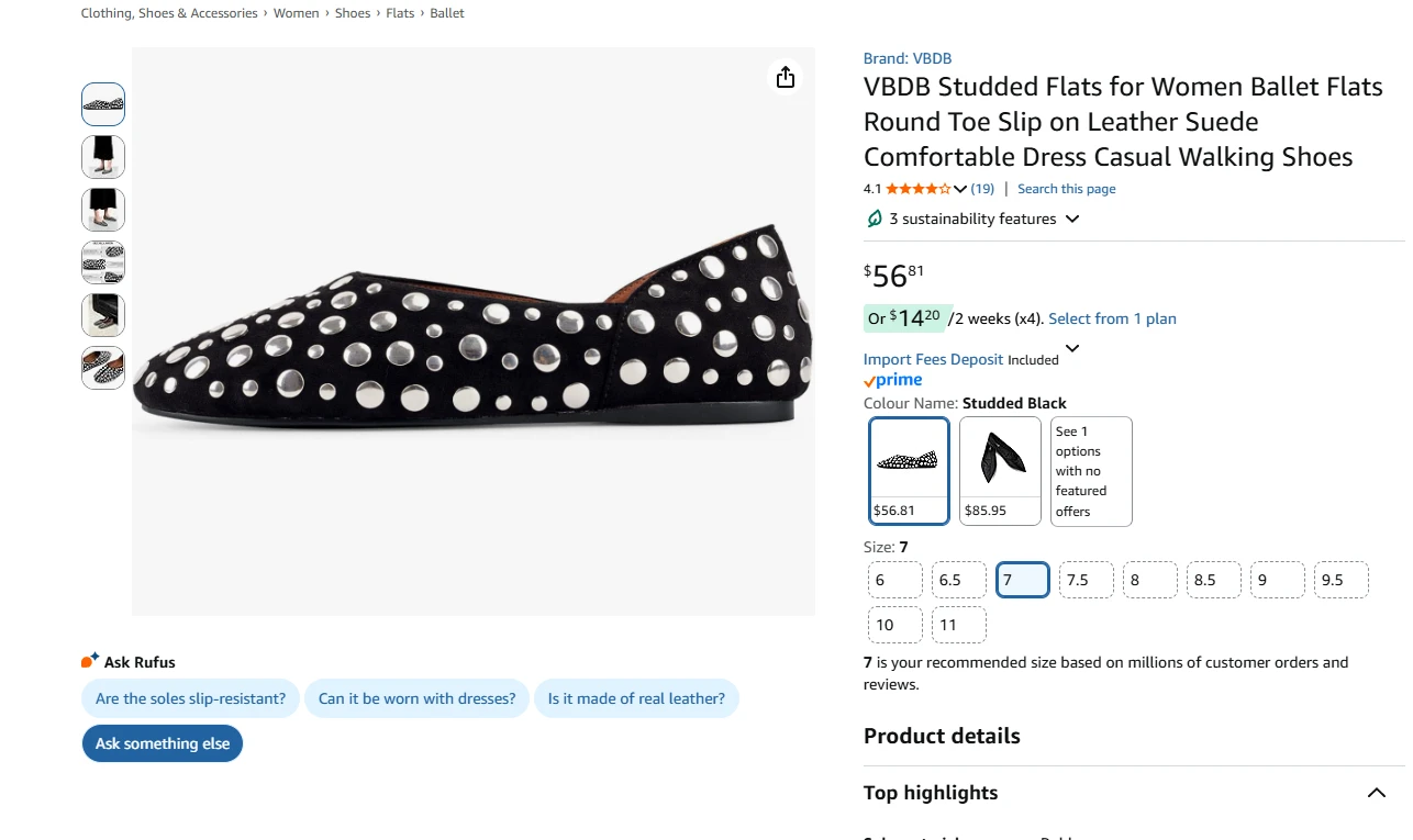 Studded Ballet Flats - Black Suede - Size 7 - photo 2