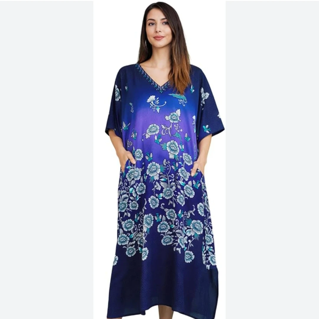 Blue Floral Kaftan Dress with Pockets
