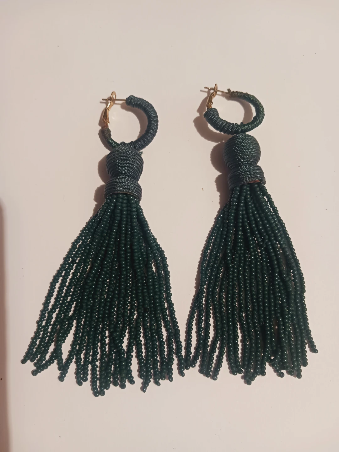 Green Beaded Tassel Hoop Earrings