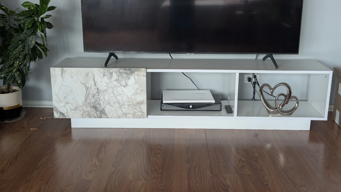 White Media Console Entertainment Stand with Marble Accent