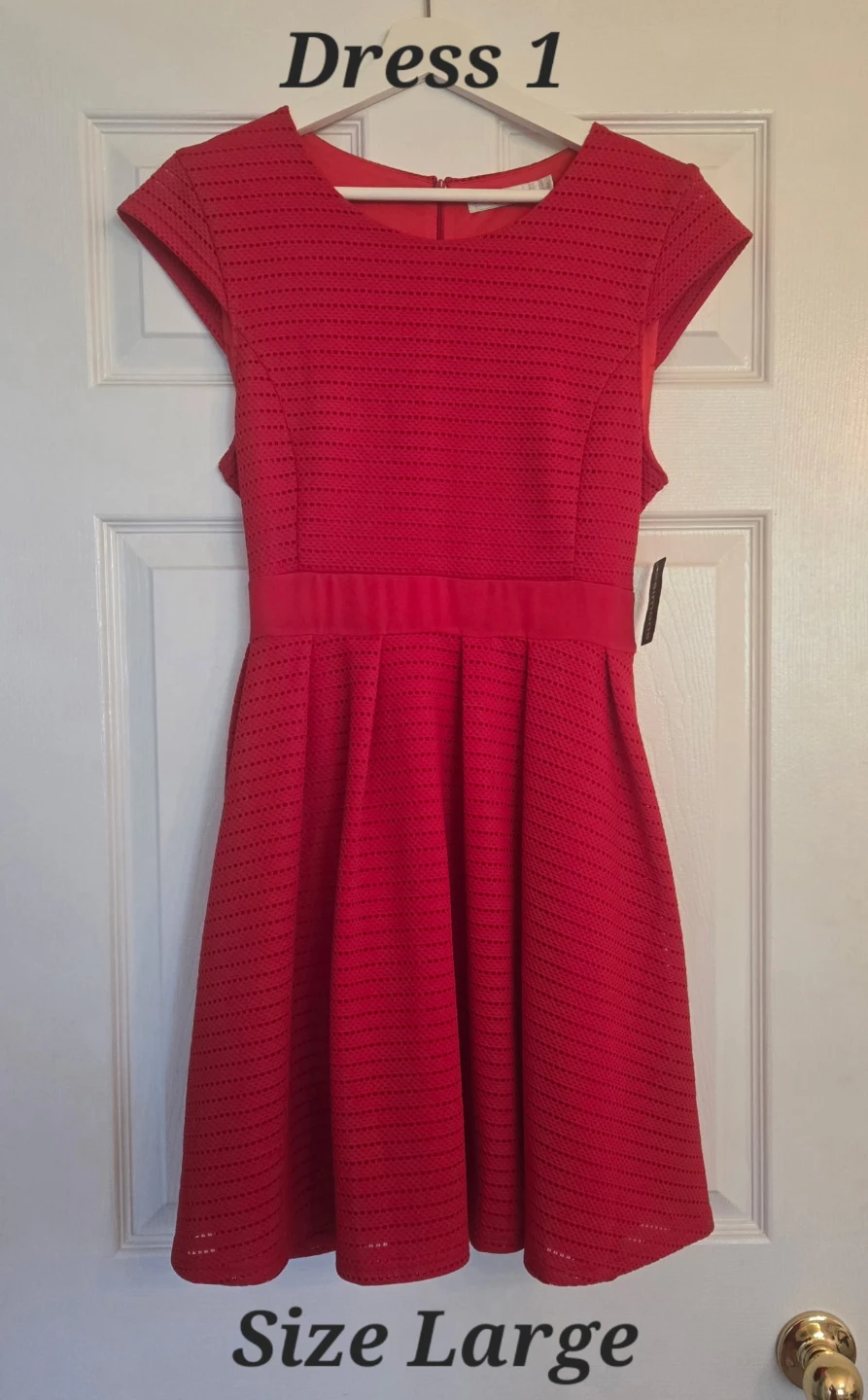 Simons Red, Pink and Black Textured cap sleeve Dresses