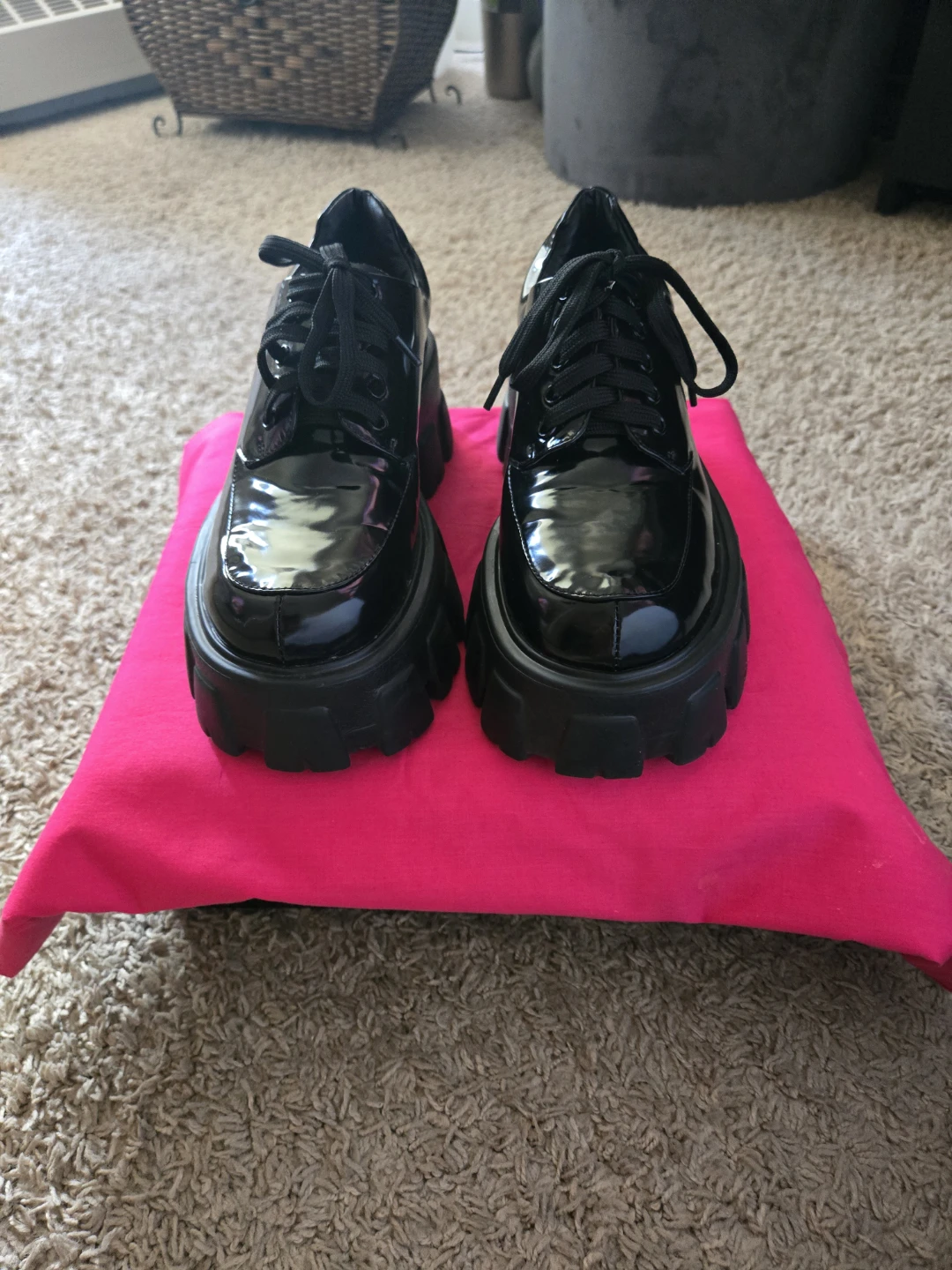Black Patent Chunky Platform Lace-Up Shoes