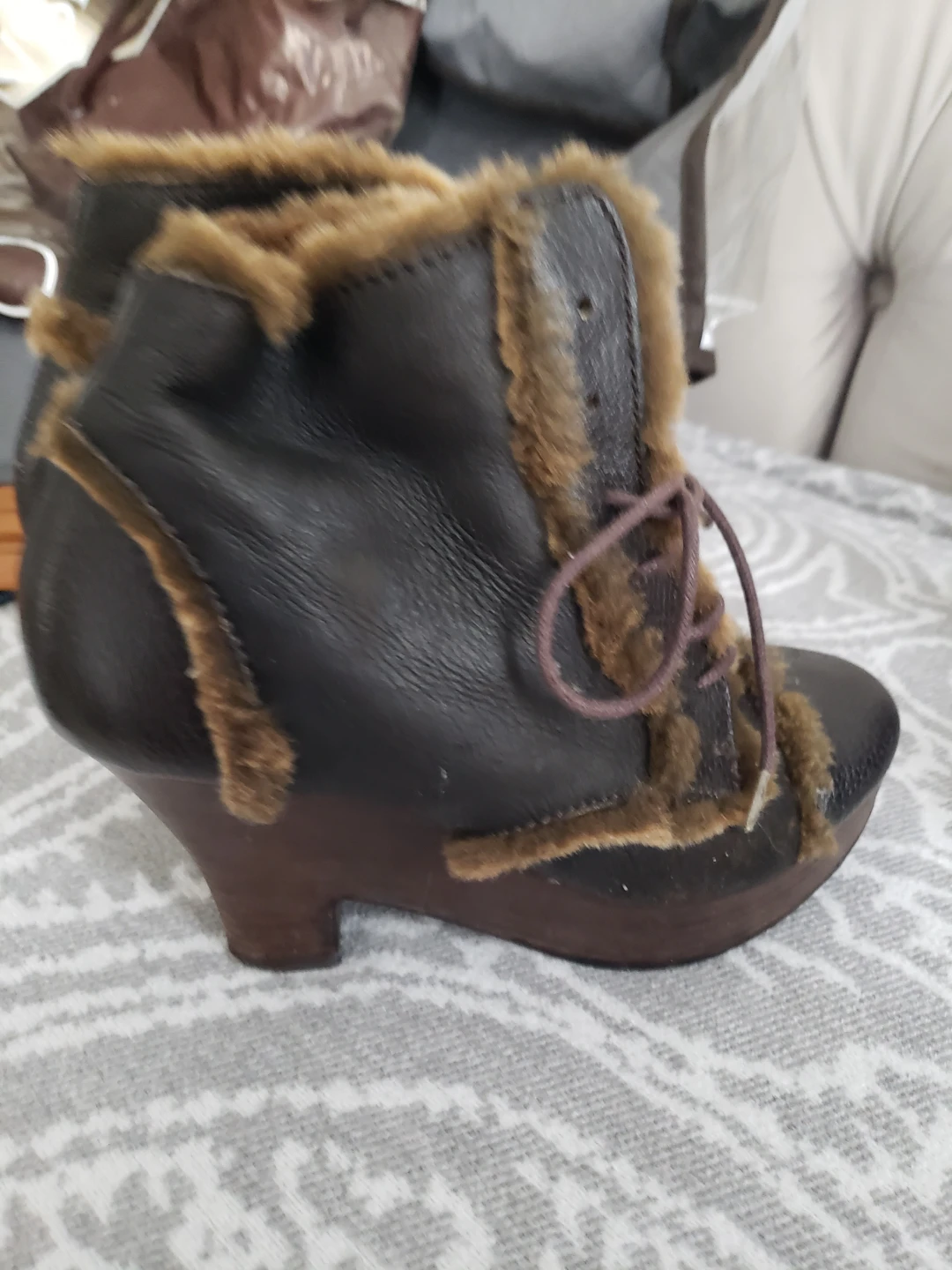 Brown Wedge Ankle Boots with Fur Trim