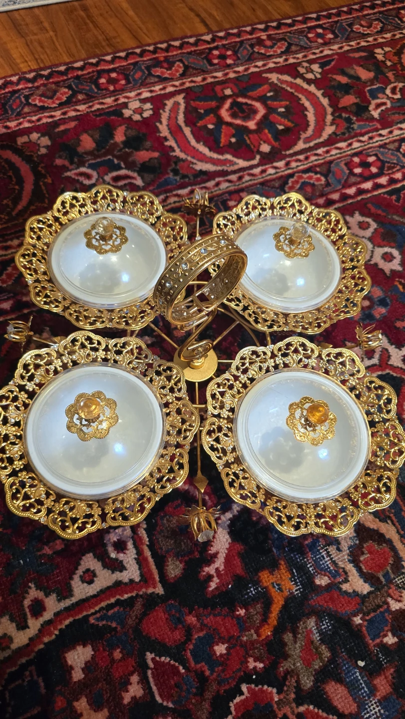 Ornate gold tiered serving dish with 4 compartments
