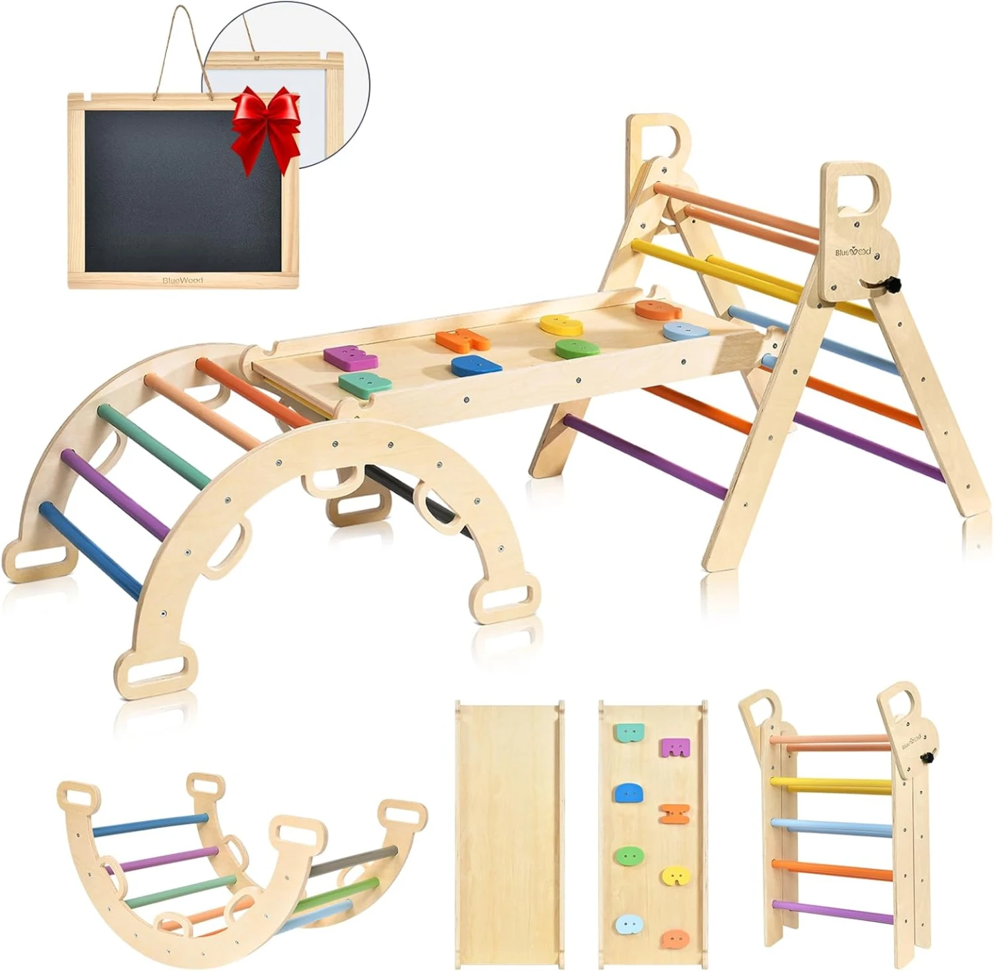 BlueWood Pikler Triangle Set, 7-in-1 Foldable Wooden For Toddler