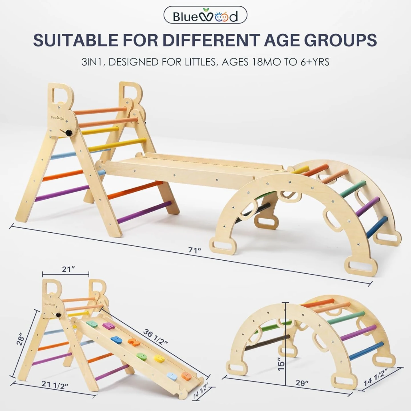 BlueWood Pikler Triangle Set, 7-in-1 Foldable Wooden For Toddler - photo 4