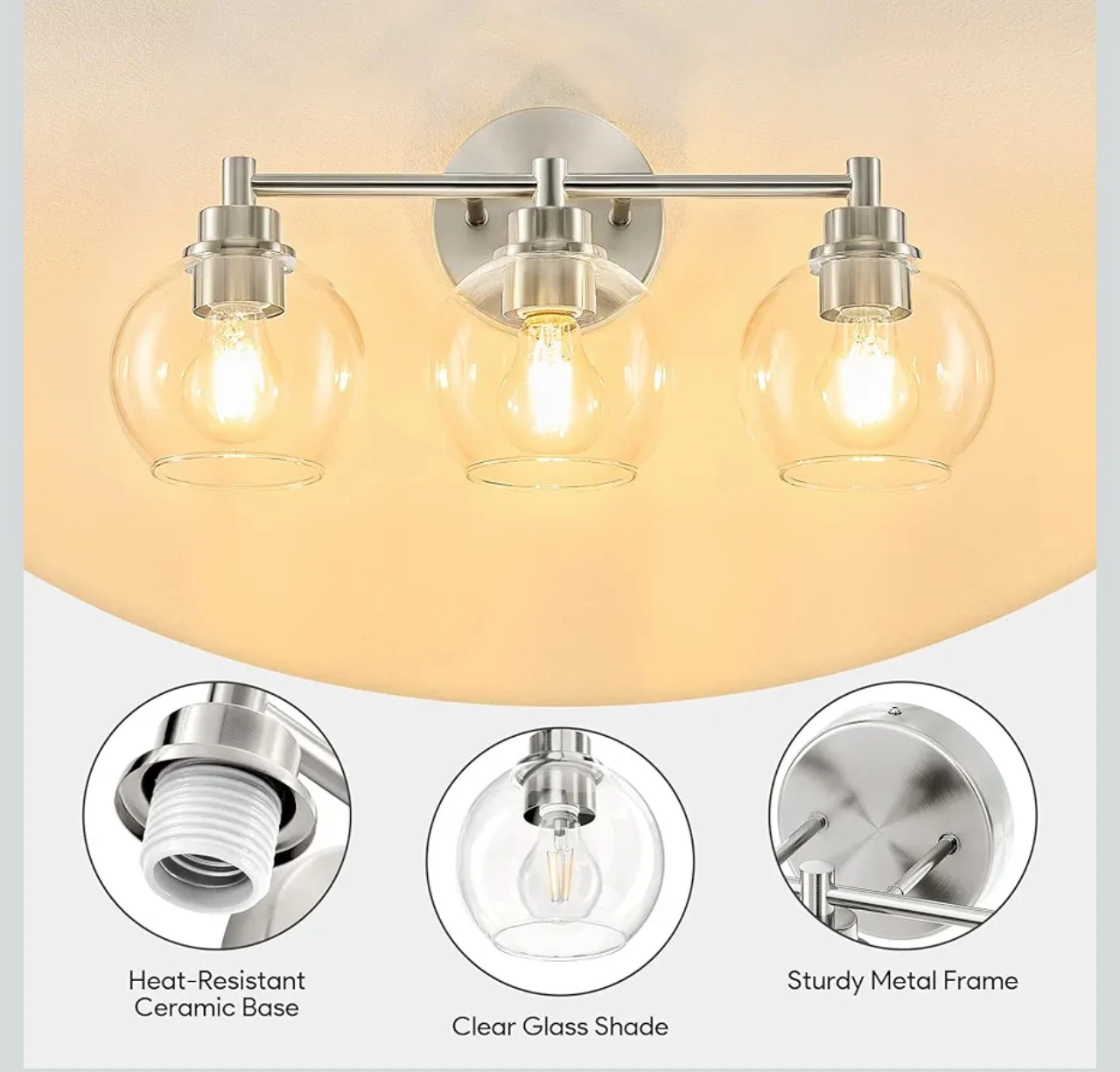 3-Light Vanity Light Fixture with Clear Glass Shades - photo 3