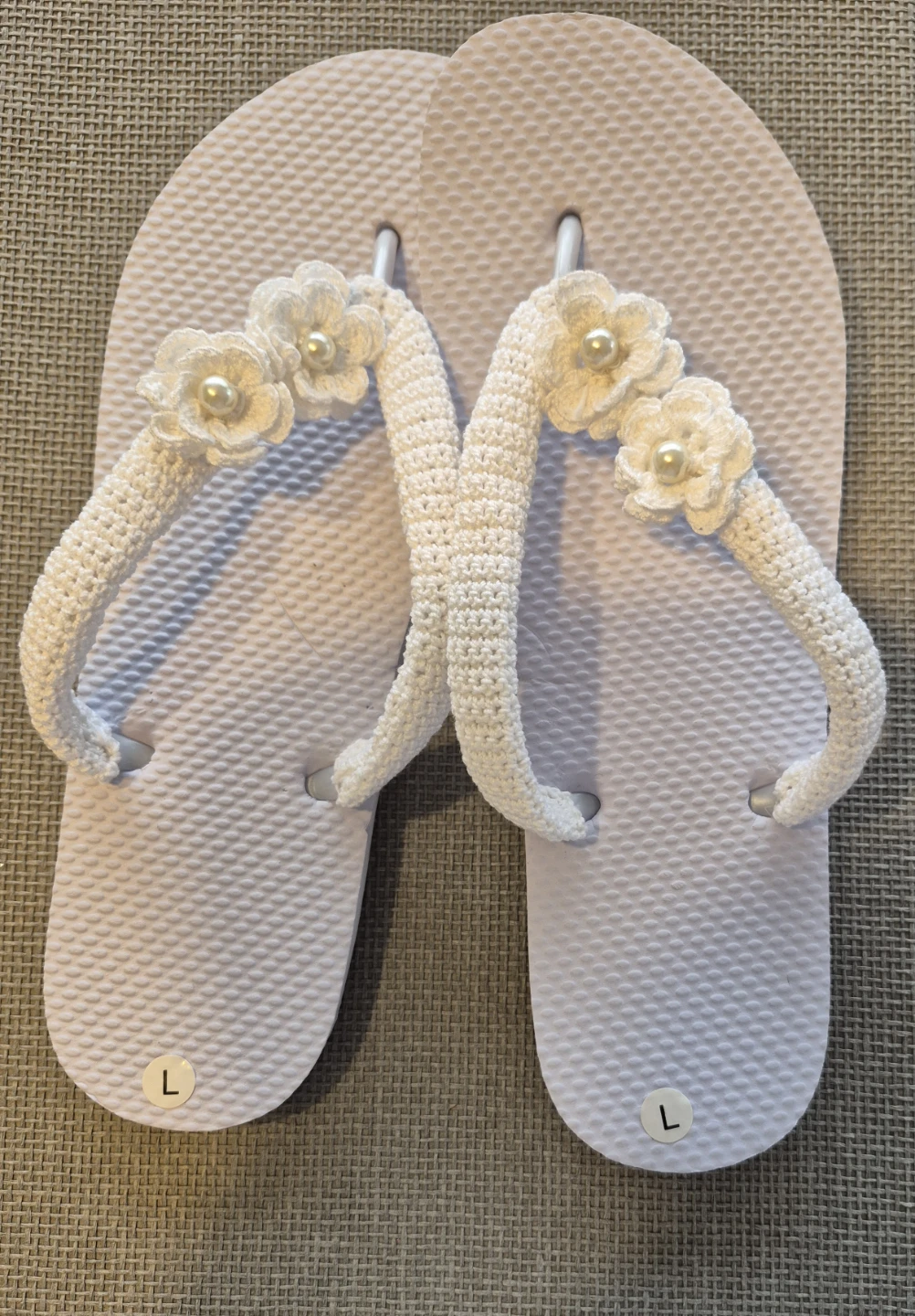 White Flip Flops with Crochet Flower Embellishments - Size L