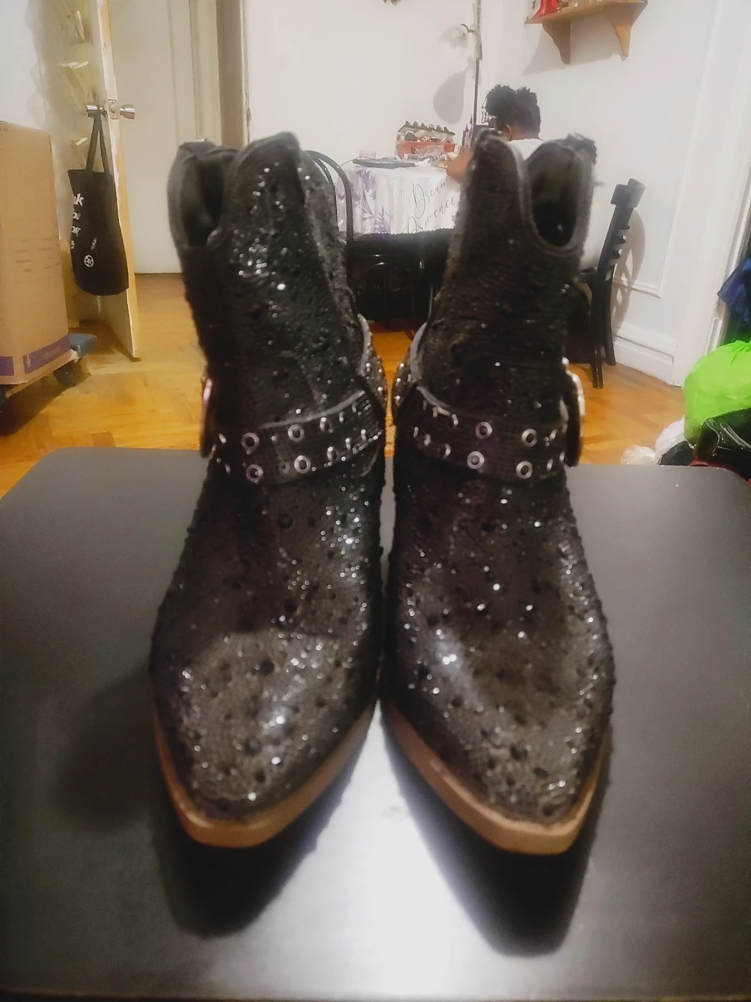 Women Black Rhinestone Embellished Cowboy Boots size 9 Preloved - photo 2