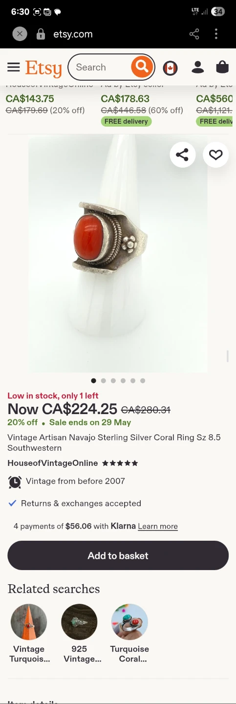 Vintage Sterling Silver Coral Ring Sz 8.5 Southwestern