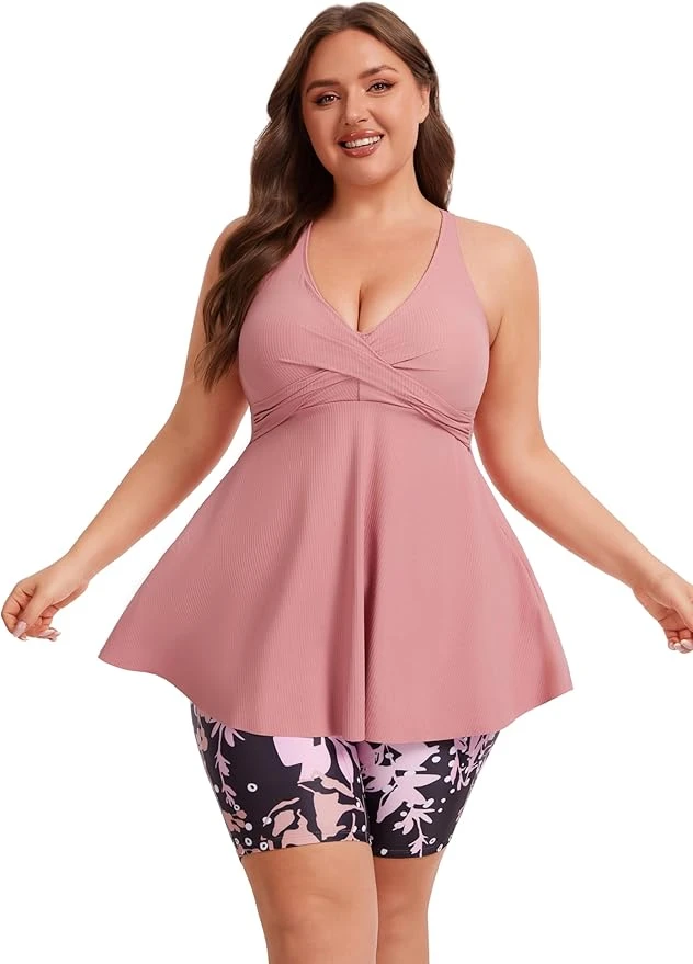 Women's Plus Size Swimsuit Tunic Tankini with Floral Shorts - photo 3
