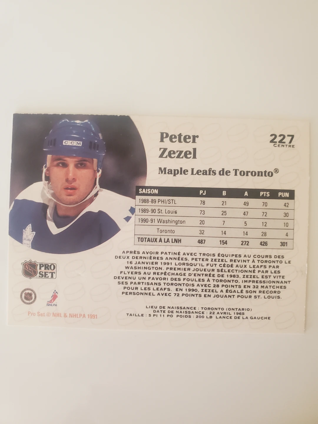 1991 NHL Pro Set Peter Zezel Maple Leafs Hockey Card - photo 2