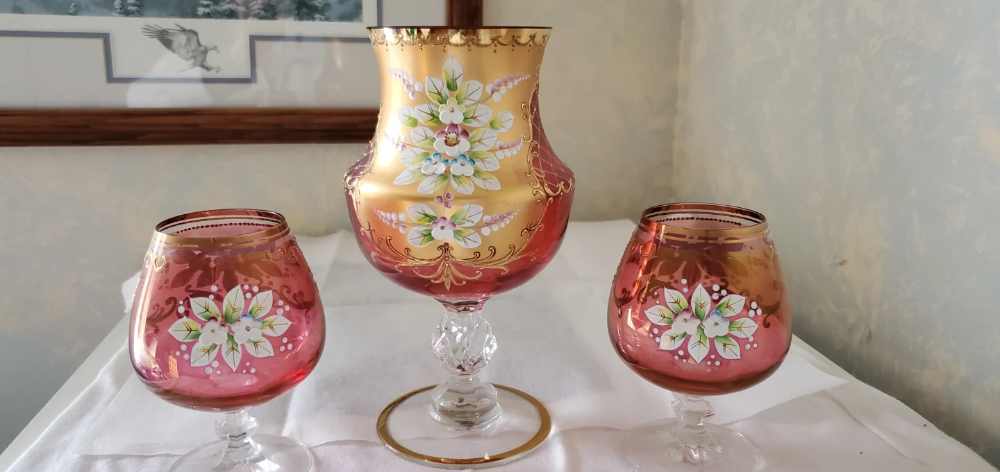 Hand-Painted Glass Vase and Goblets Set - photo 2