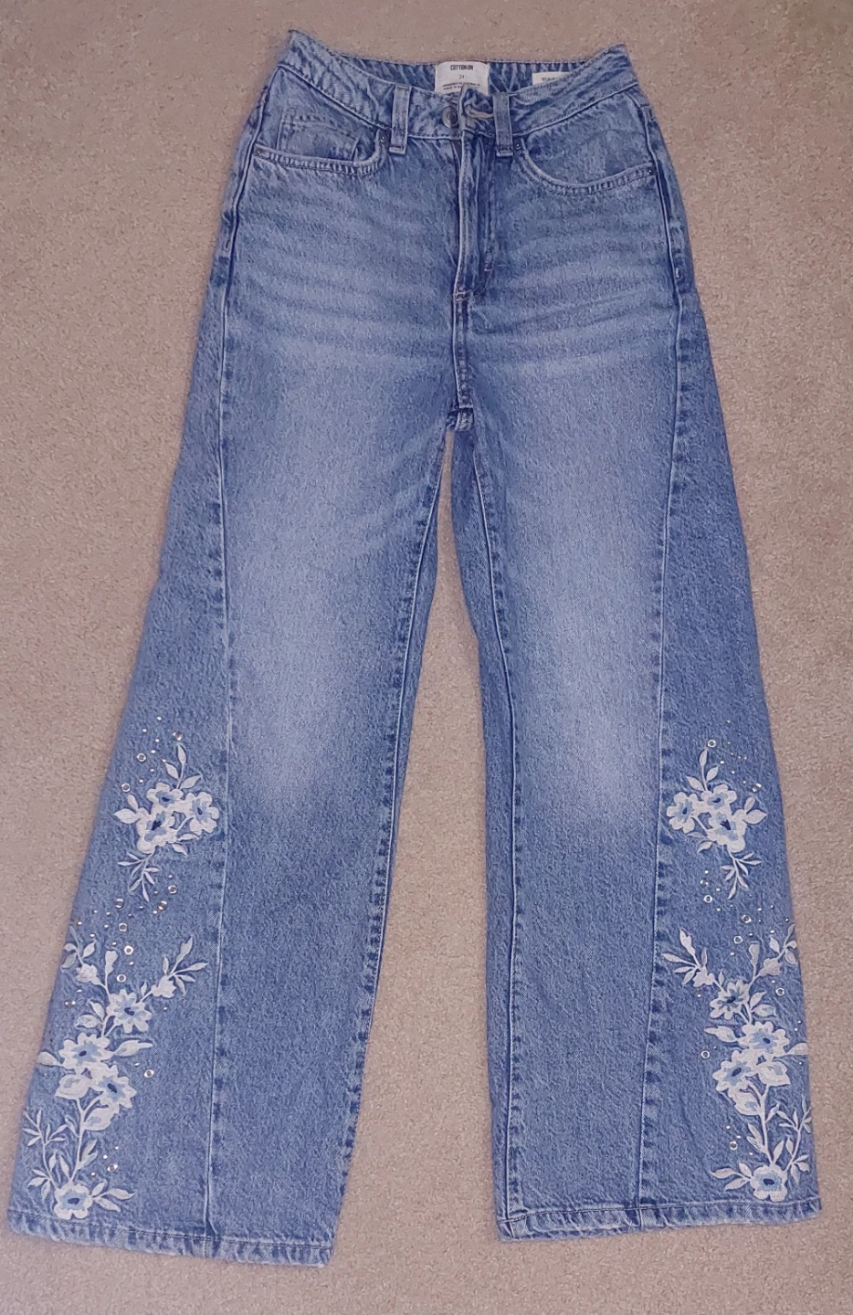 Cotton On High Rise Wide Leg Jeans with Floral Embroidery