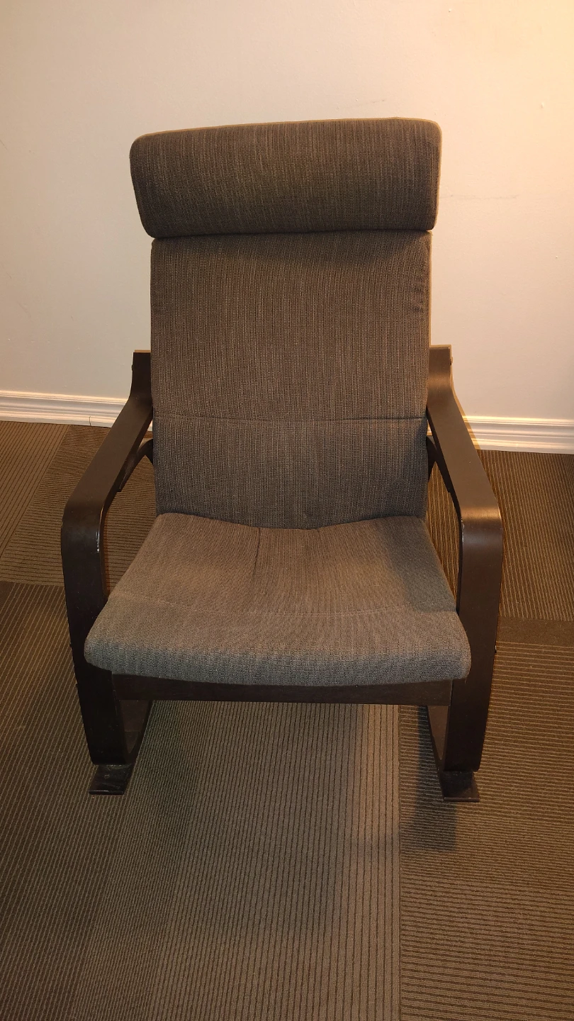 Grey Fabric Rocking Chair with Dark Wood Frame