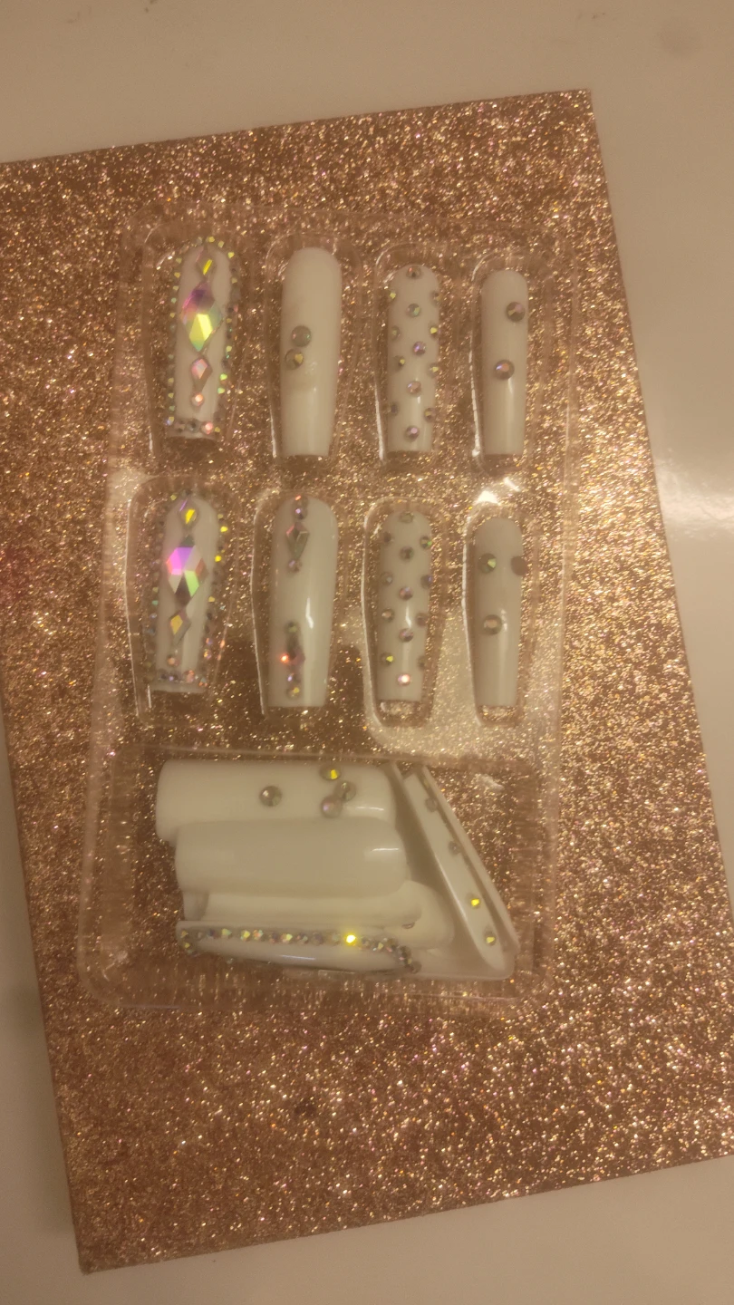 White Press-On Nails with Rhinestones
