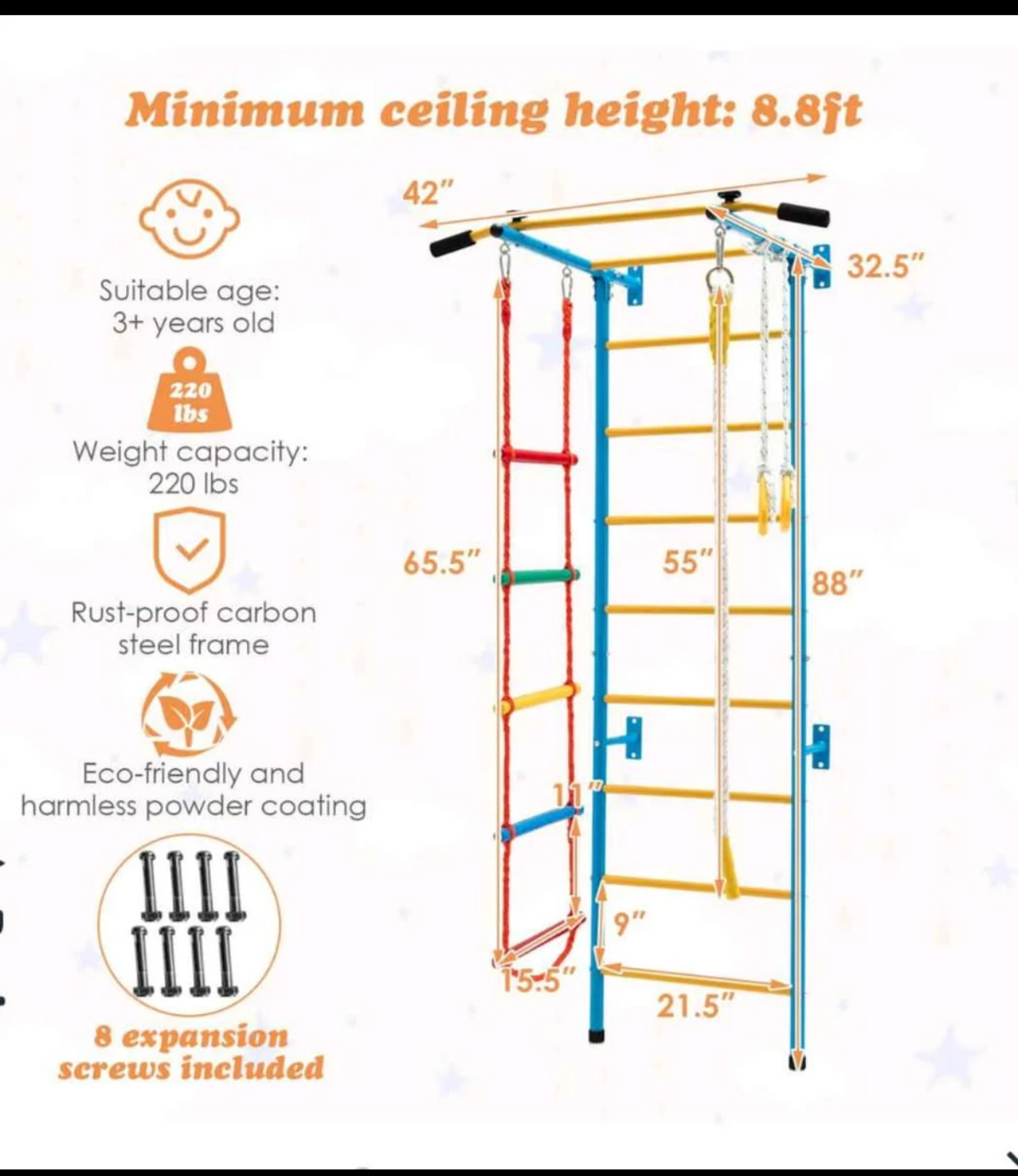5-in-1 Indoor Jungle Gym with Pull-Up Bar, Rings, Rope Ladder - photo 3