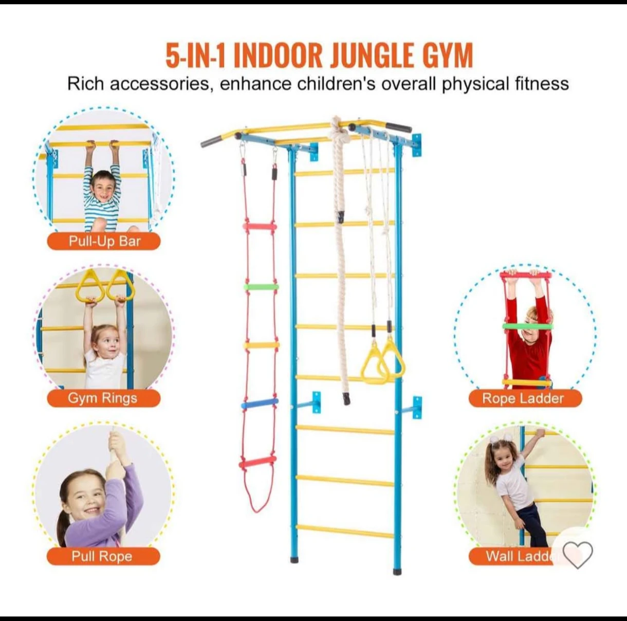 5-in-1 Indoor Jungle Gym with Pull-Up Bar, Rings, Rope Ladder - photo 4
