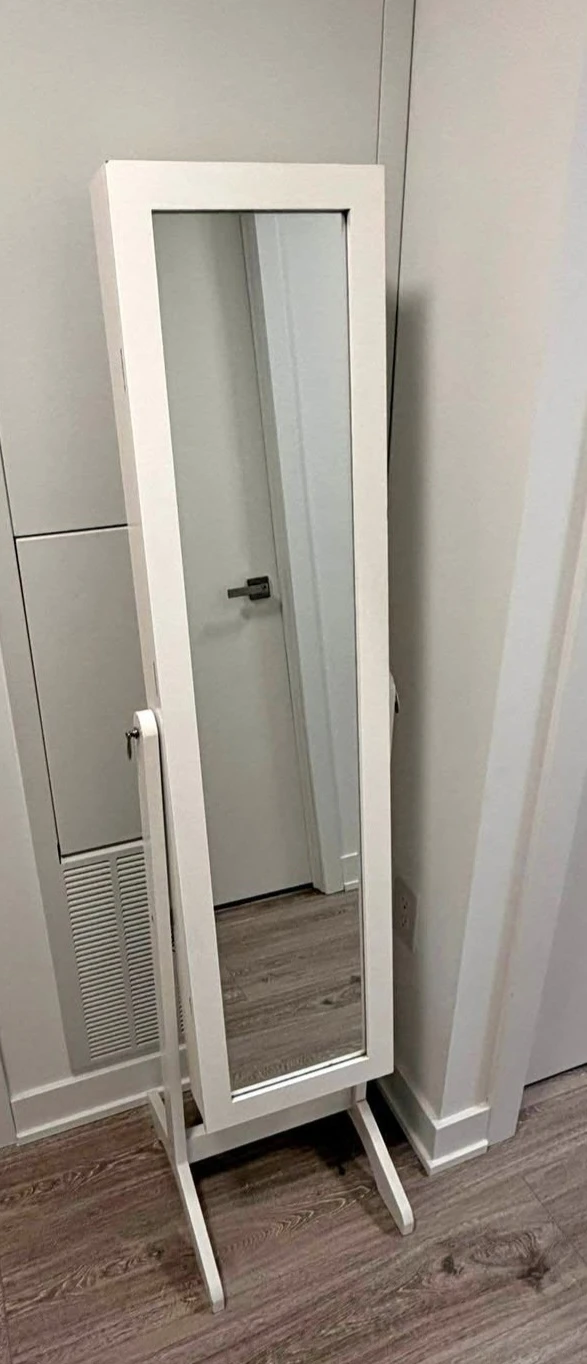 Jewelry stand or cabinet with a full length mirror.   White .