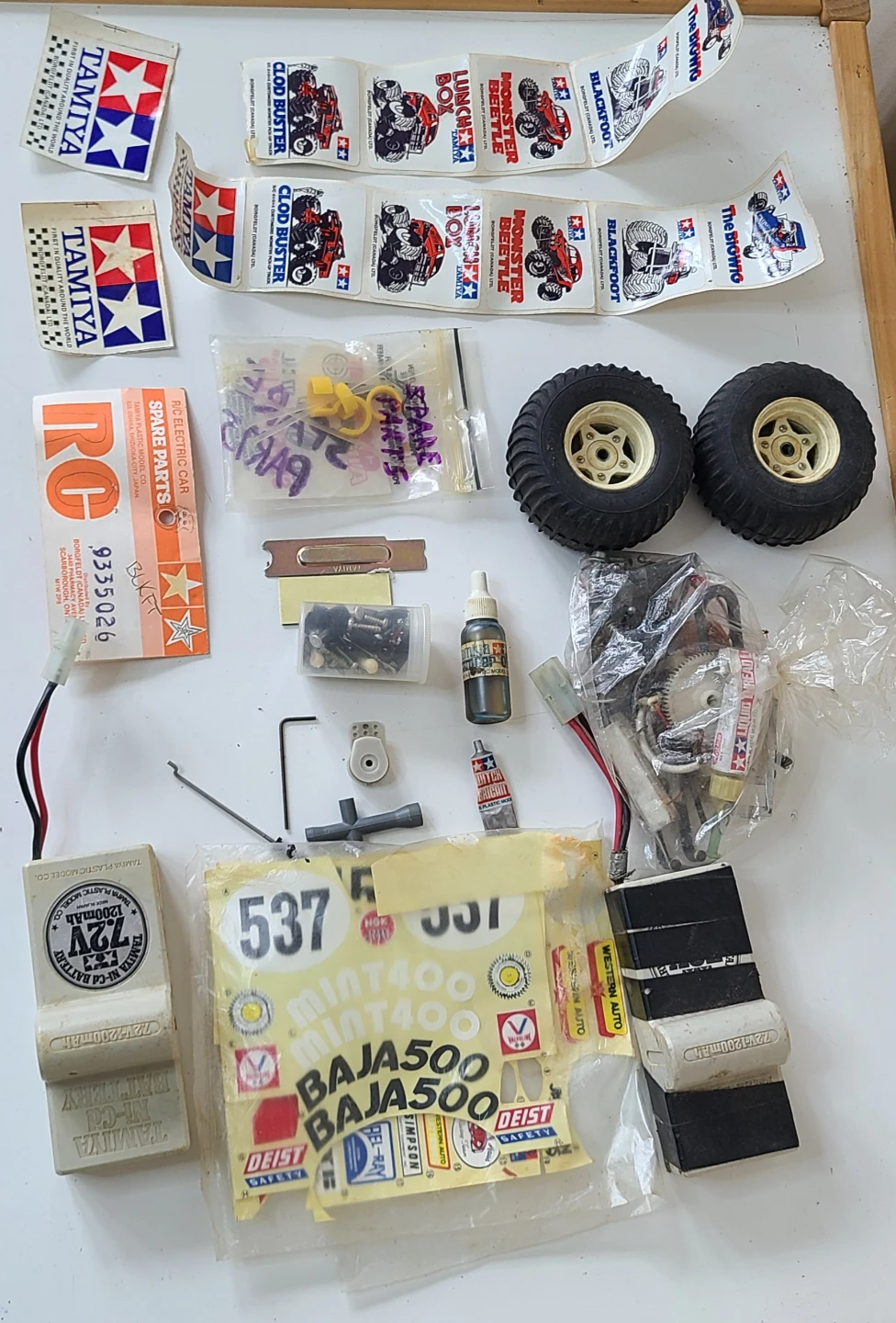 Vintage 80s Tamiya Batteries, Sand Scorcher Tires Parts Stickers