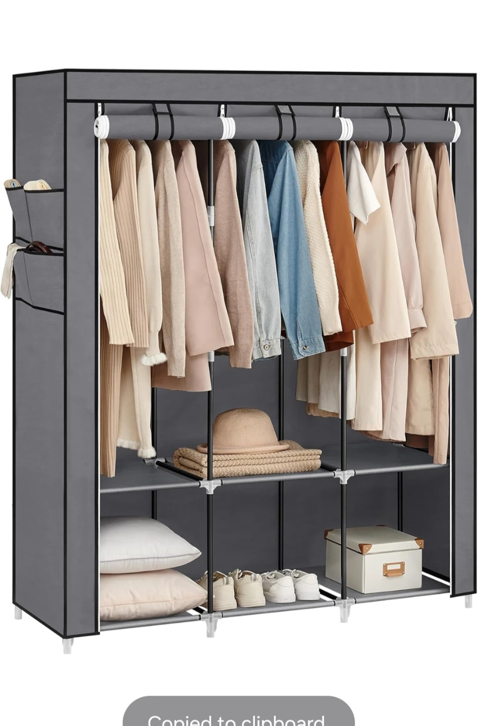 SONGMICS Grey Portable Wardrobe with Hanging Rail