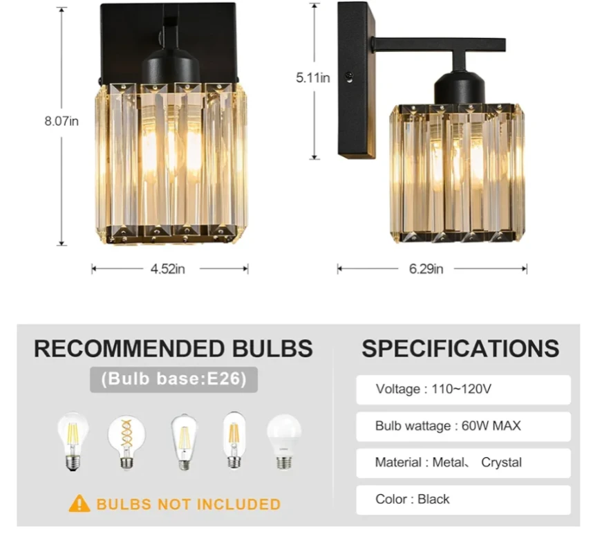 Set of 2 Crystal Wall Sconces Black Metal Fixture - photo 4