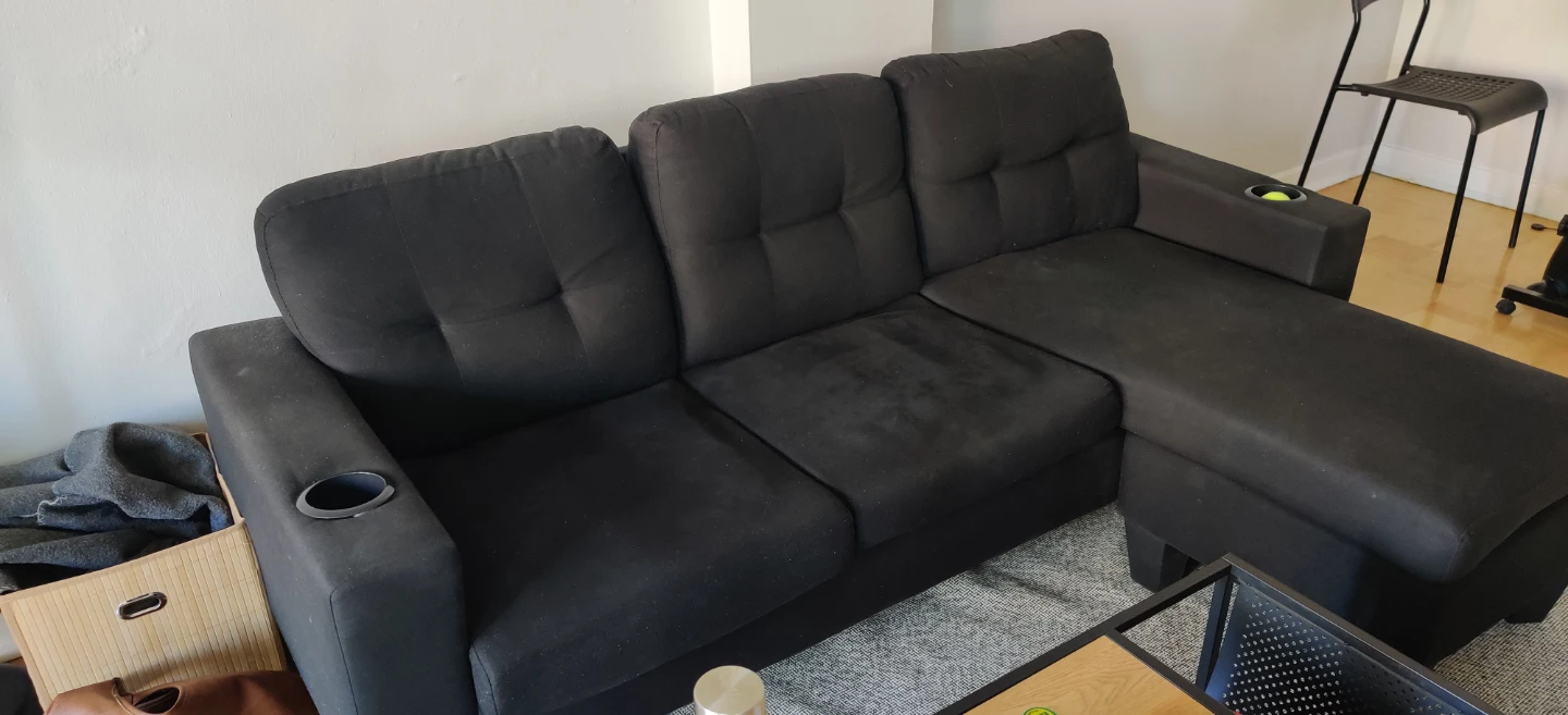 74' Black Sectional Sofa with Cup Holders