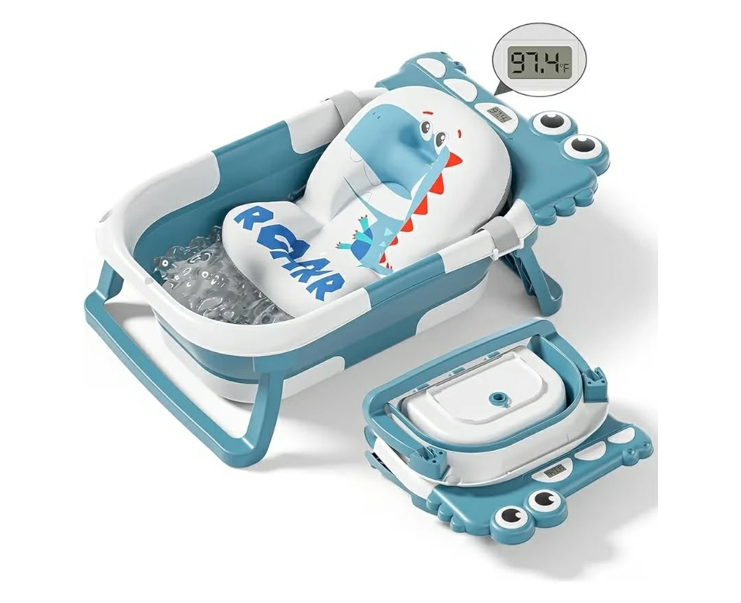 Blue Folding Baby Bathtub with Thermometer