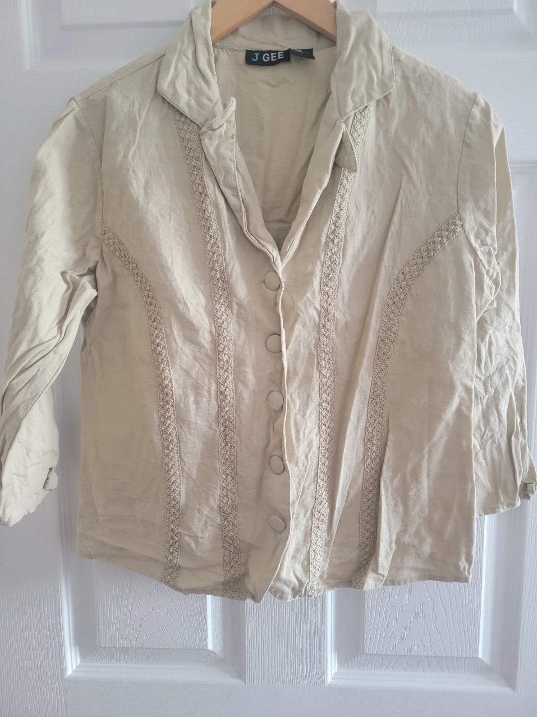 J Gee Beige Button-Up Shirt with Lace Trim Medium