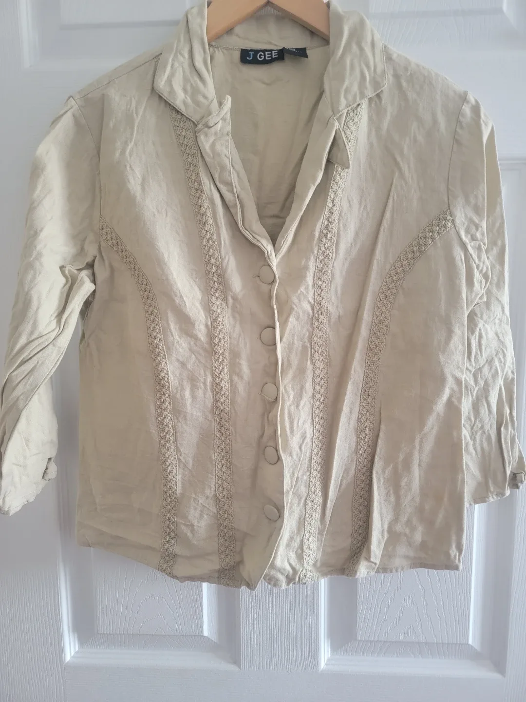 J Gee Beige Button-Up Shirt with Lace Trim Medium