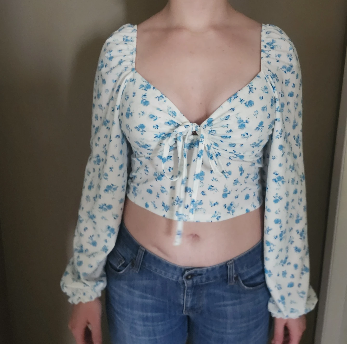 White & Blue Floral Tie-Front Long Sleeve Crop Top