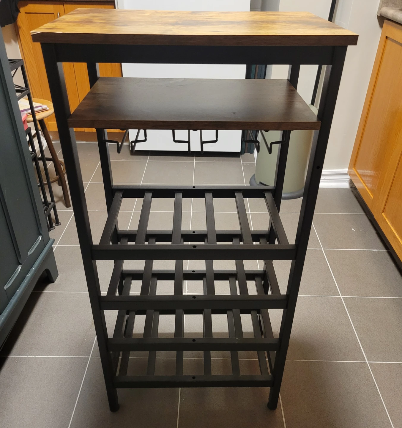Rustic Wood and Metal Wine Rack with Glass Holder