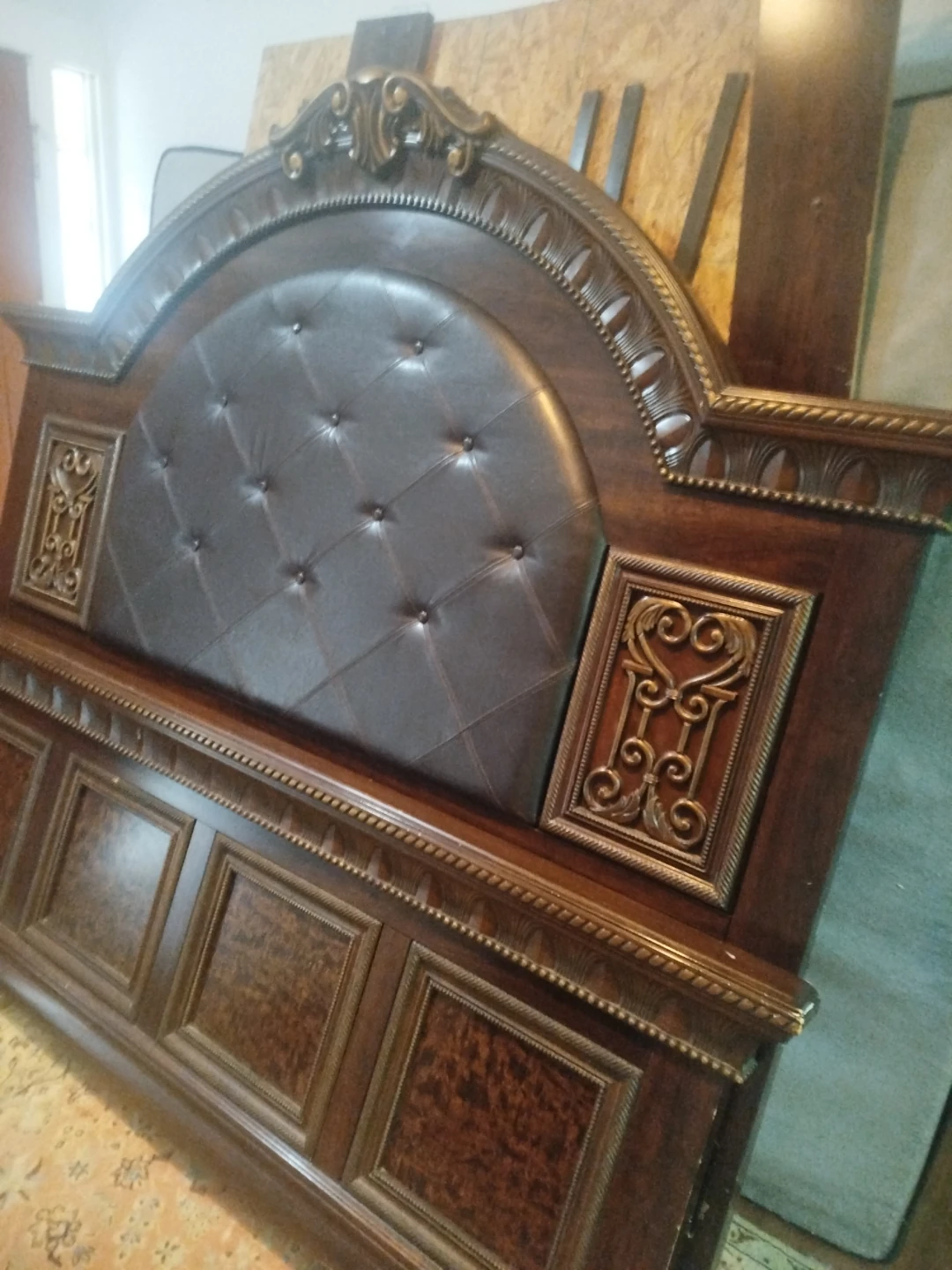 Dark Wood Tufted Headboard and Footboard