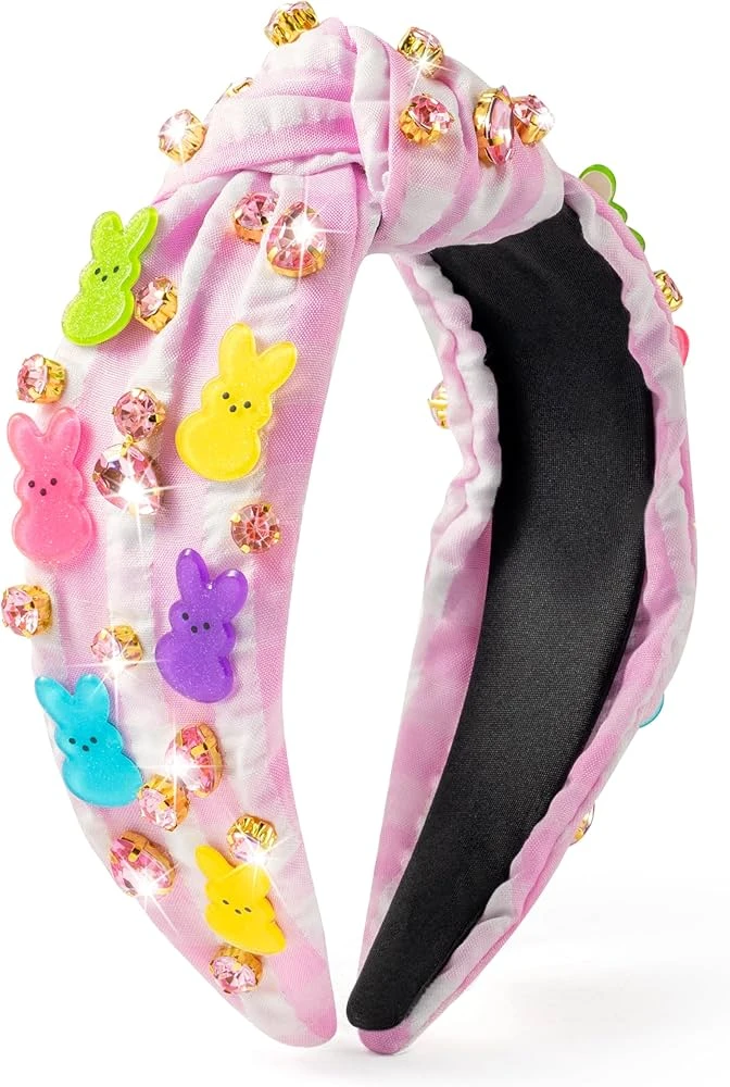 Pink Striped Bunny and Rhinestone Headband