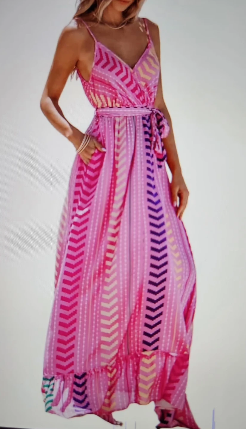 New Pink Geometric Print Maxi Dress with Pockets