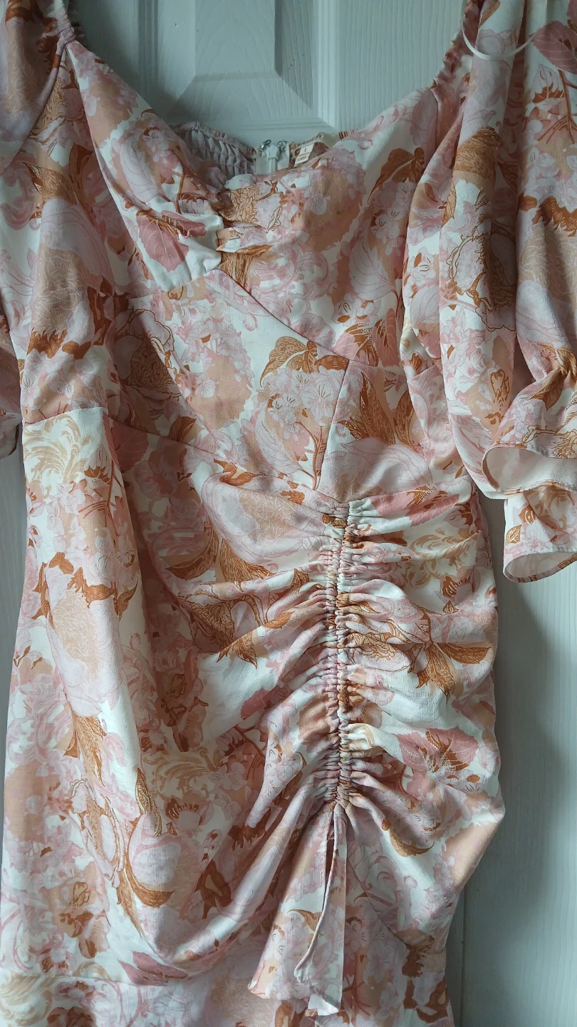 Peach Ruched Floral Dress - Size L - photo 2