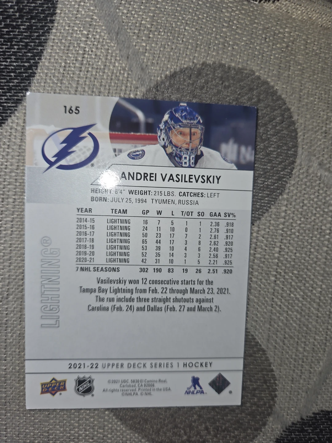 2021-22 Upper Deck Series 1 Hockey Card - Andrei Vasilevskiy - photo 2