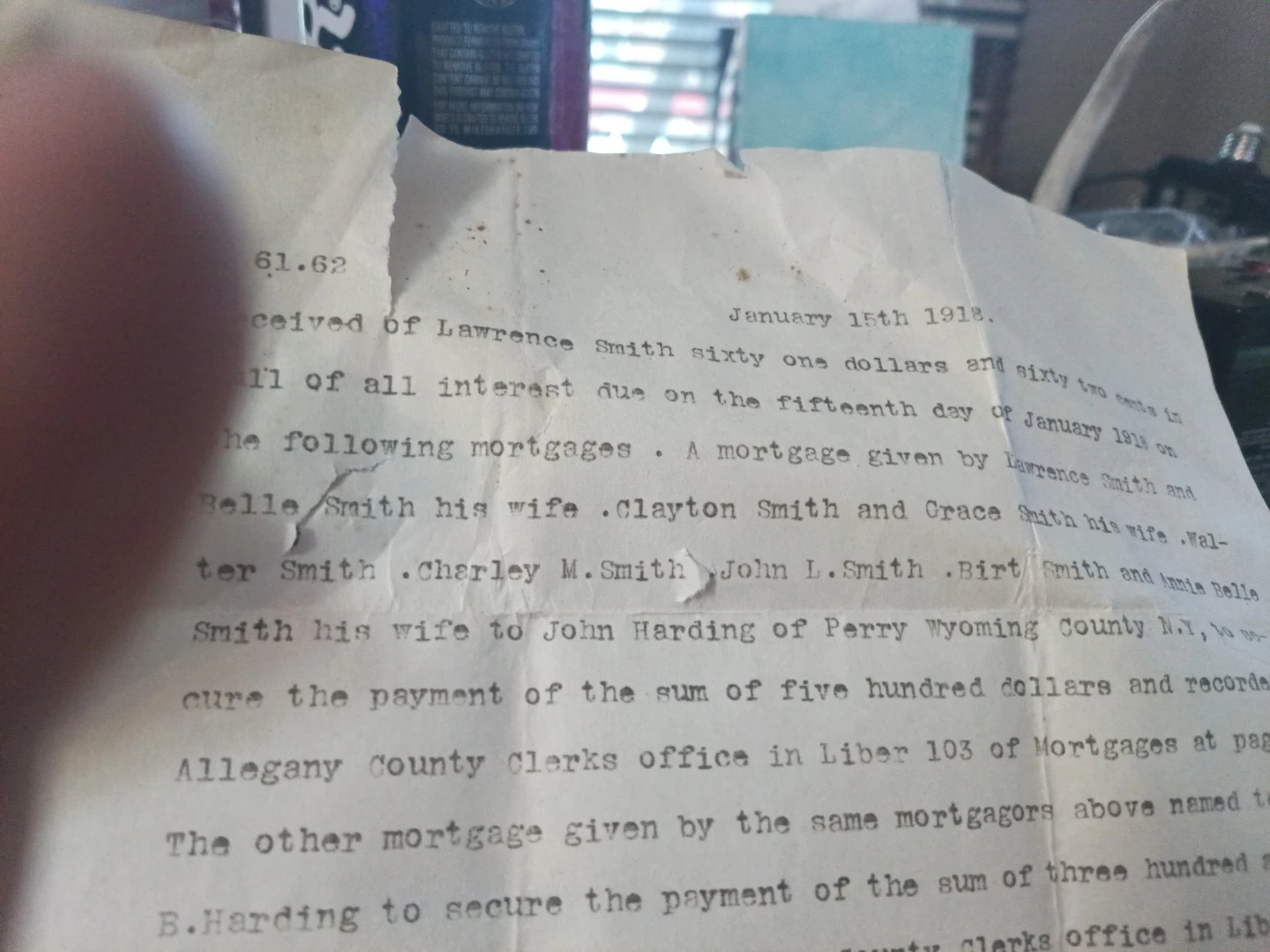 Mortgage Receipt - January 15, 1918