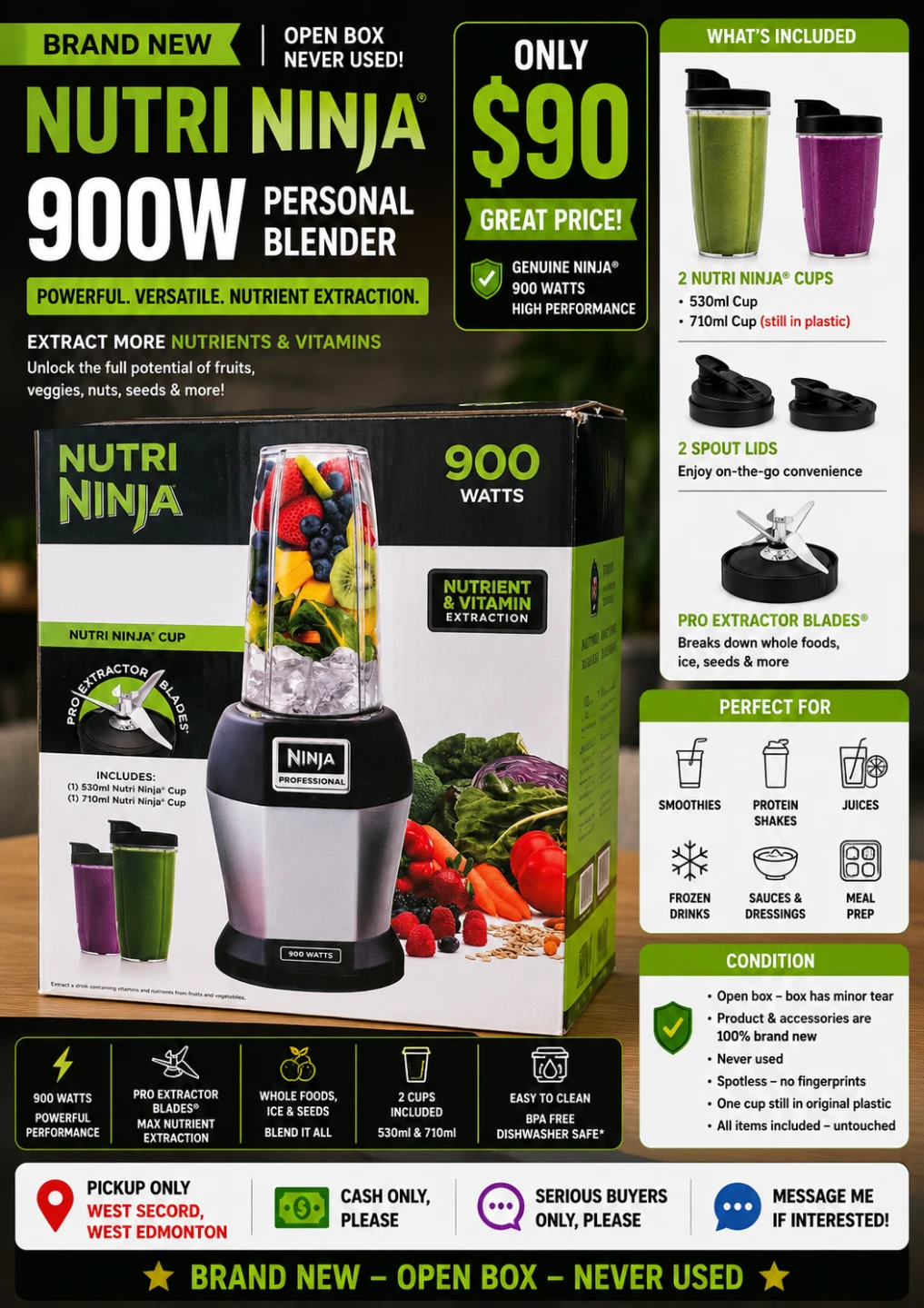 Brand New Open Box Nutri Ninja 900W Blender – $90