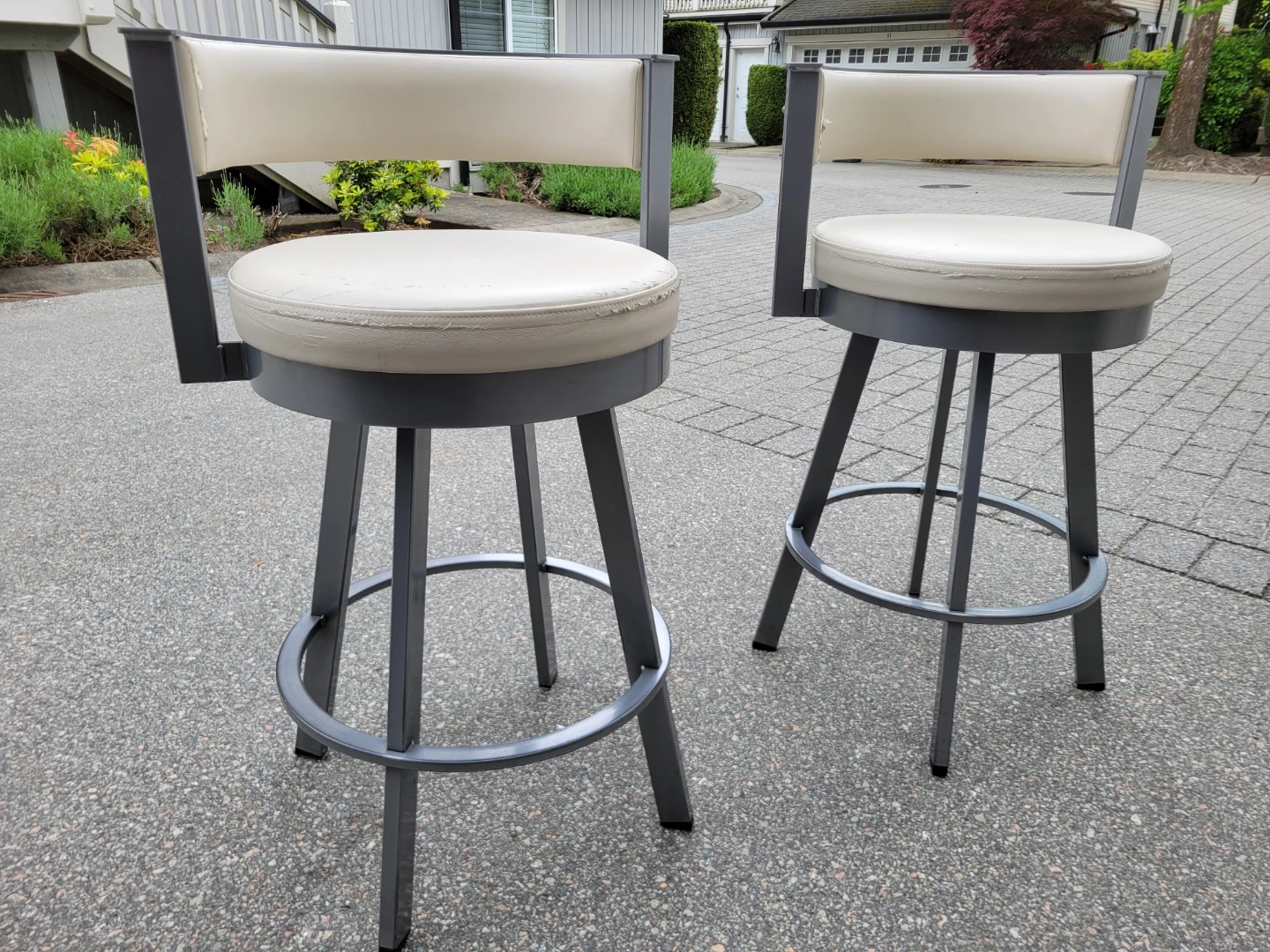 Set of 2 Bar Stools - Cream Faux Leather, Swivel.