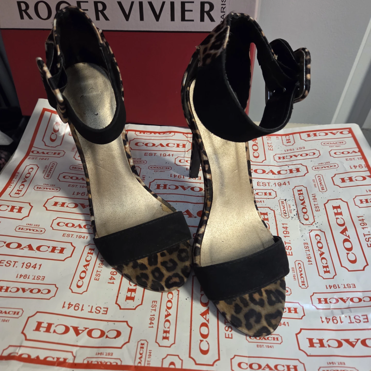 Leopard Print High Heel Ankle Strap Sandals