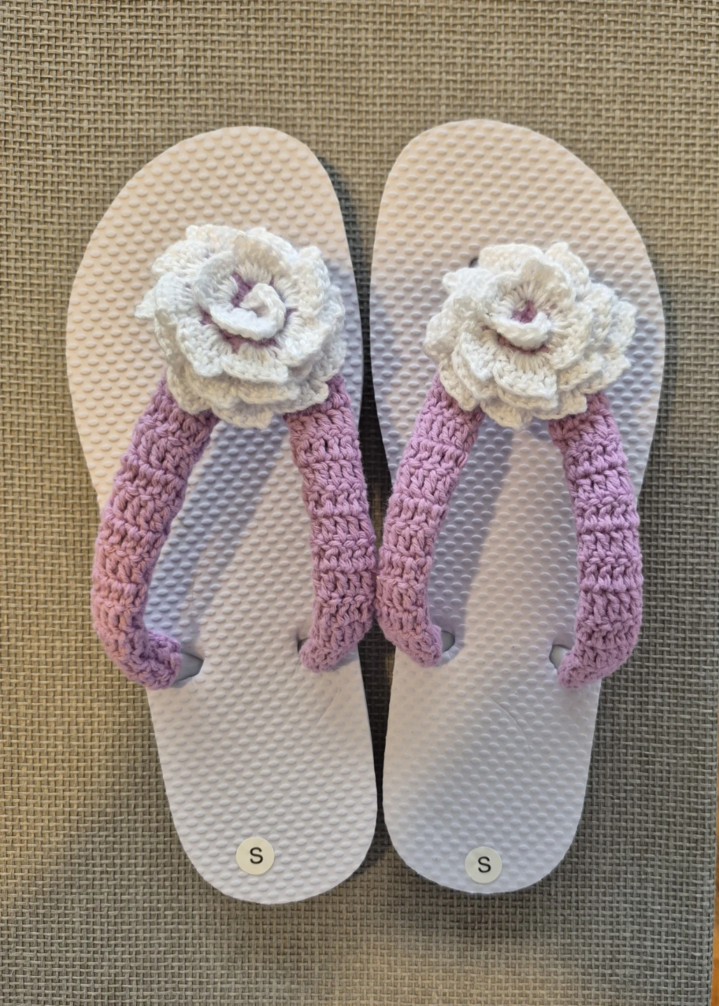 White Flip Flops, Purple straps and White Flowers - Size S
