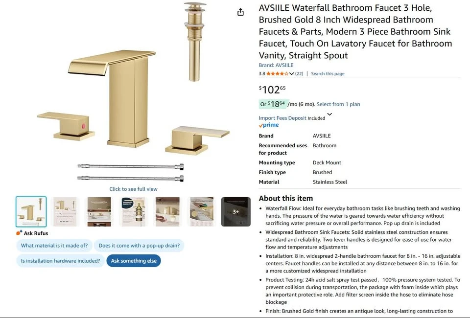 Waterfall Bathroom Faucet 3 Hole Brushed Gold - photo 2