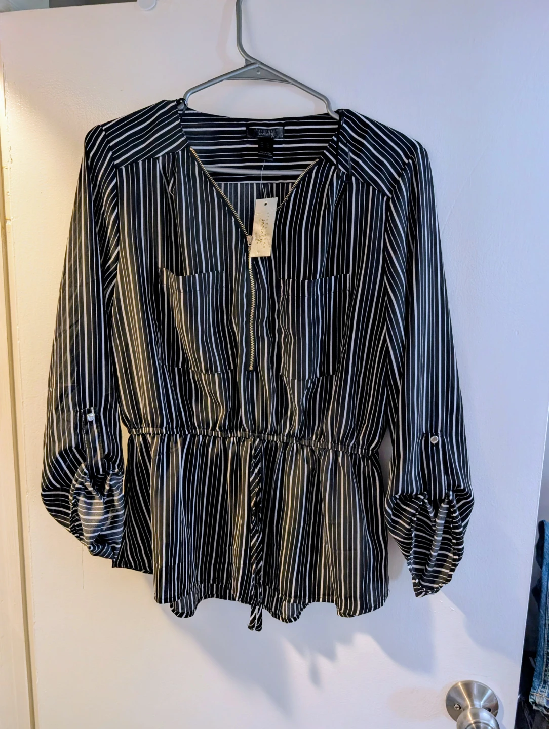 Black and White Striped Button-Up Blouse
