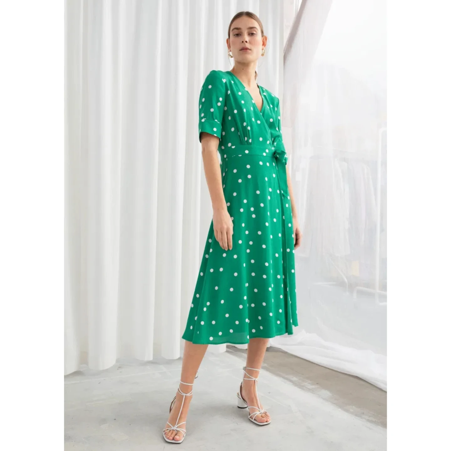 Other Stories Green Polka Dot Midi Wrap Dress
