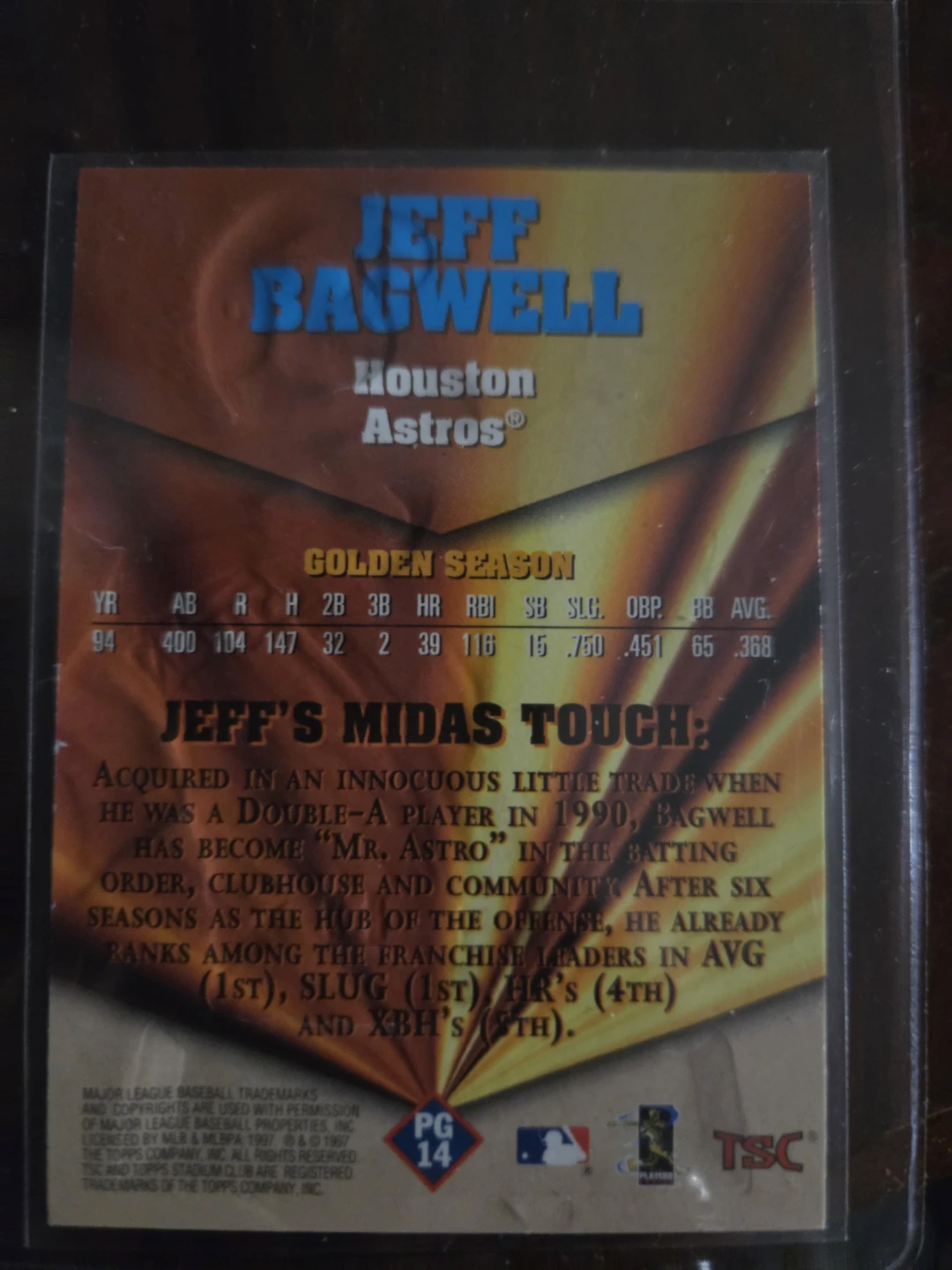 1997 Topps Stadium Club Jeff Bagwell Pure Gold Baseball Card - photo 2